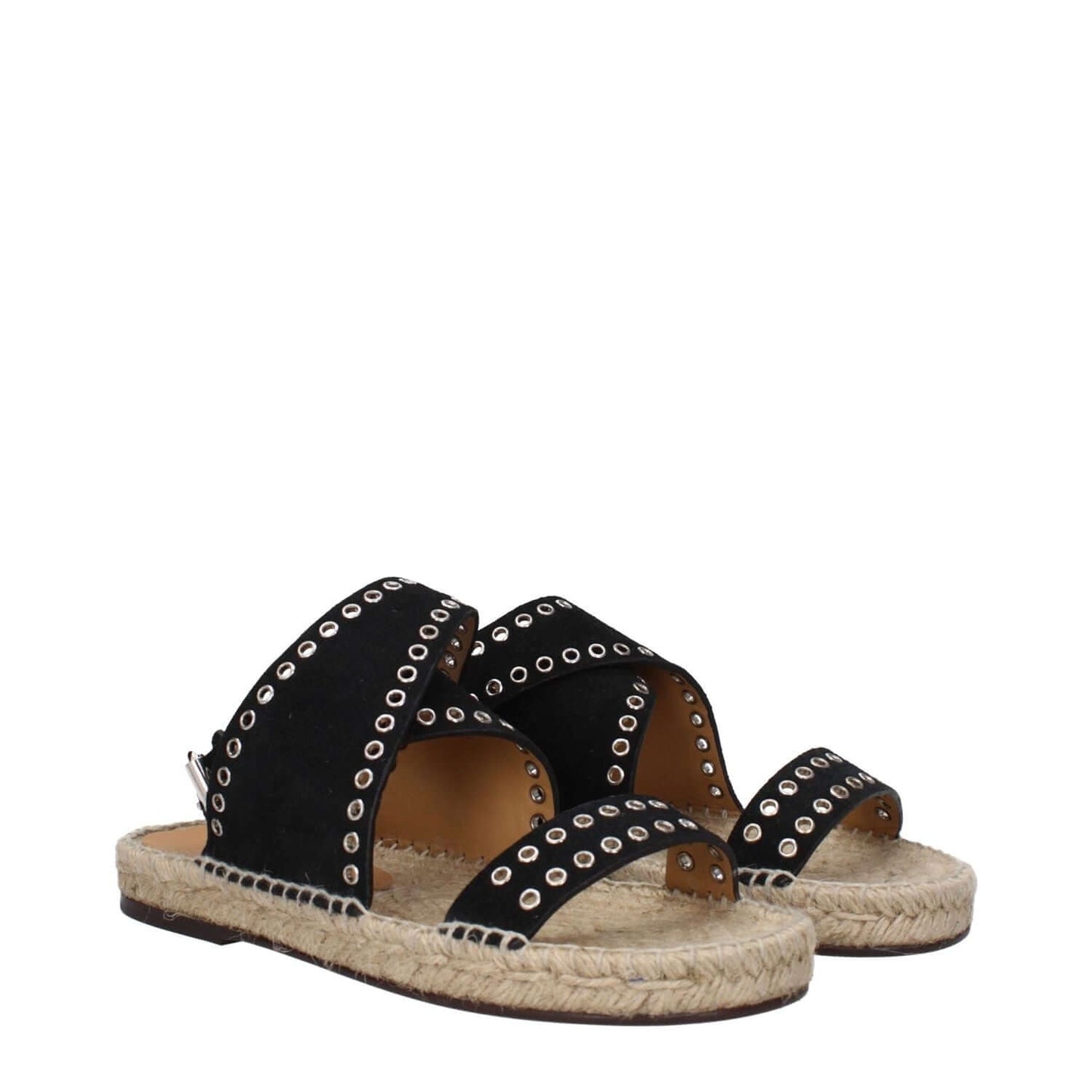 Isabel Marant Black Leather Sandals with studs, open toe, and buckle closure, featuring a low flat heel and leather sole.