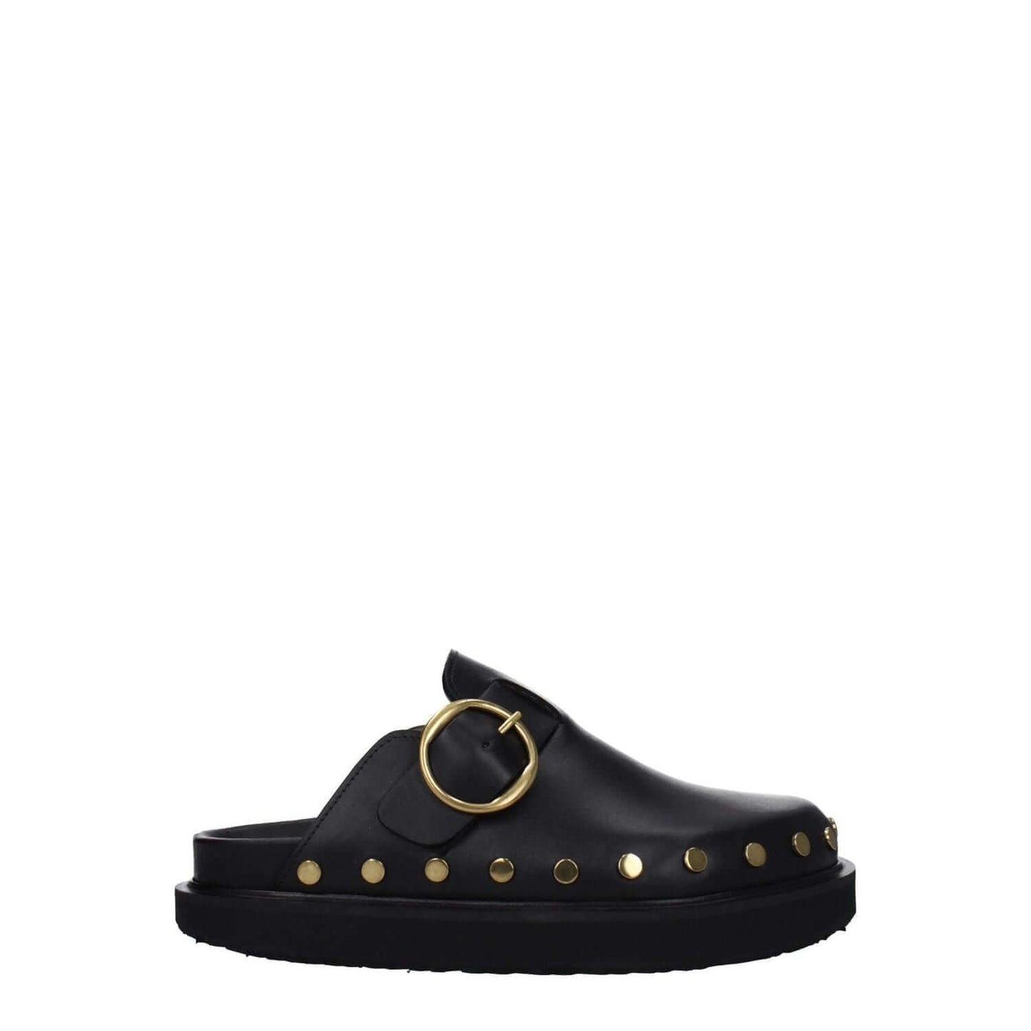 Isabel Marant Black Leather Slippers with studs and buckle closure, vintage effect, low flat heel, round toe, rubber sole