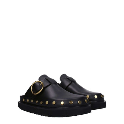Isabel Marant Black Leather Slippers with Gold Studs and Buckle