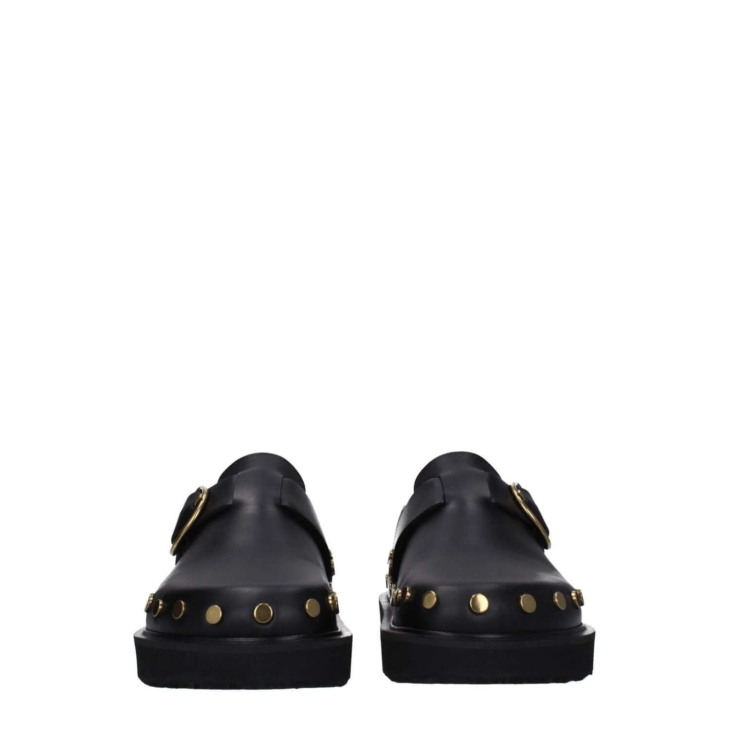Isabel Marant Black Leather Slippers with gold studs, rubber sole, buckle closure, and round toe design.