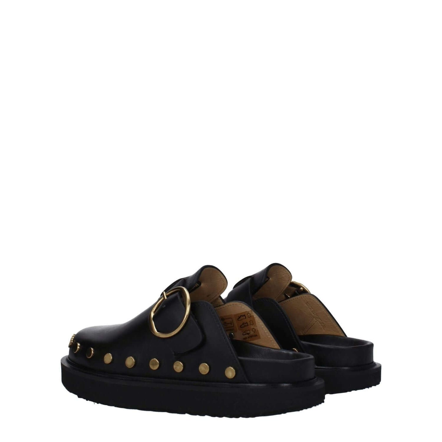 Isabel Marant Black Leather Slippers with buckle closure and studs, featuring vintage effect and rubber sole.