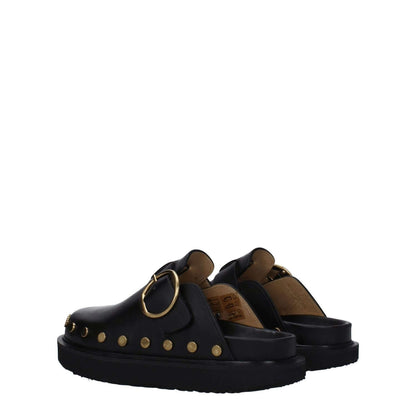 Isabel Marant Black Leather Slippers with buckle closure and studs, featuring vintage effect and rubber sole.