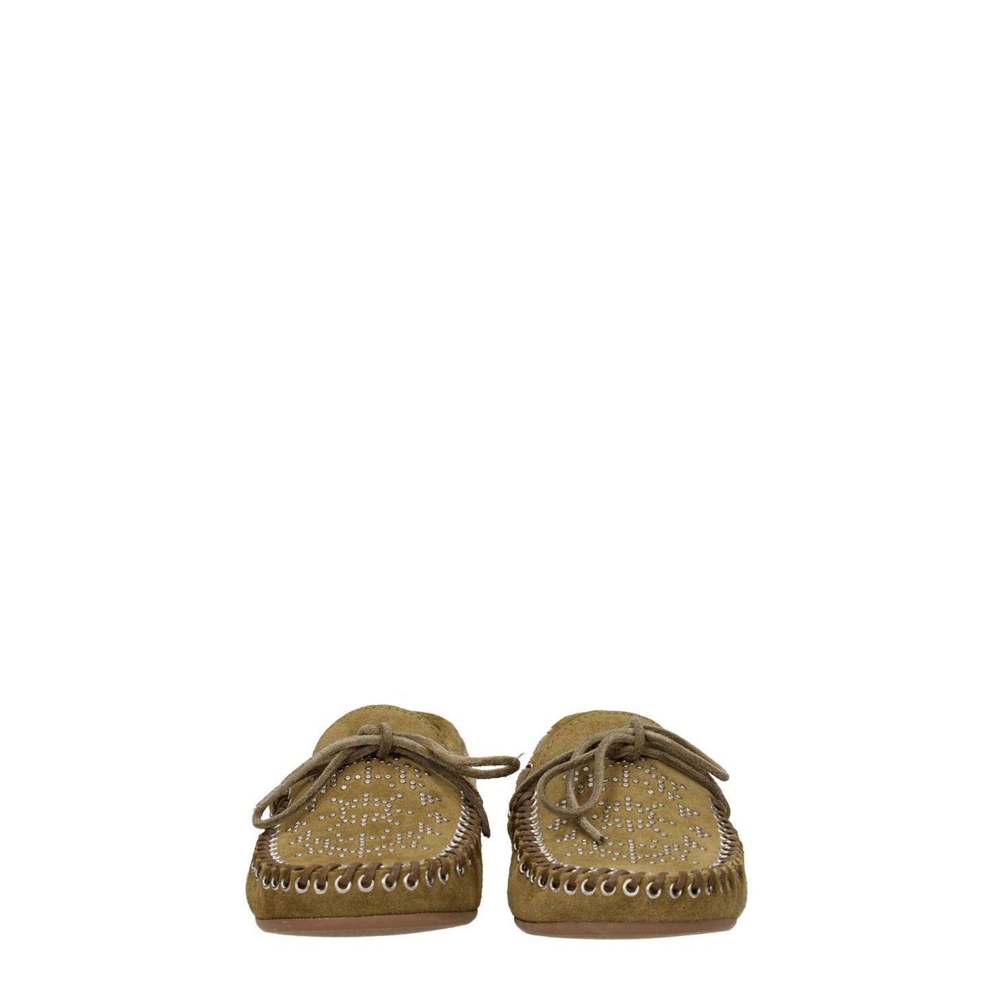 Isabel Marant Green Leather Slip-On Loafers with studs, front detail, and vintage effect, casual style, suede material, round toe, low flat heel.
