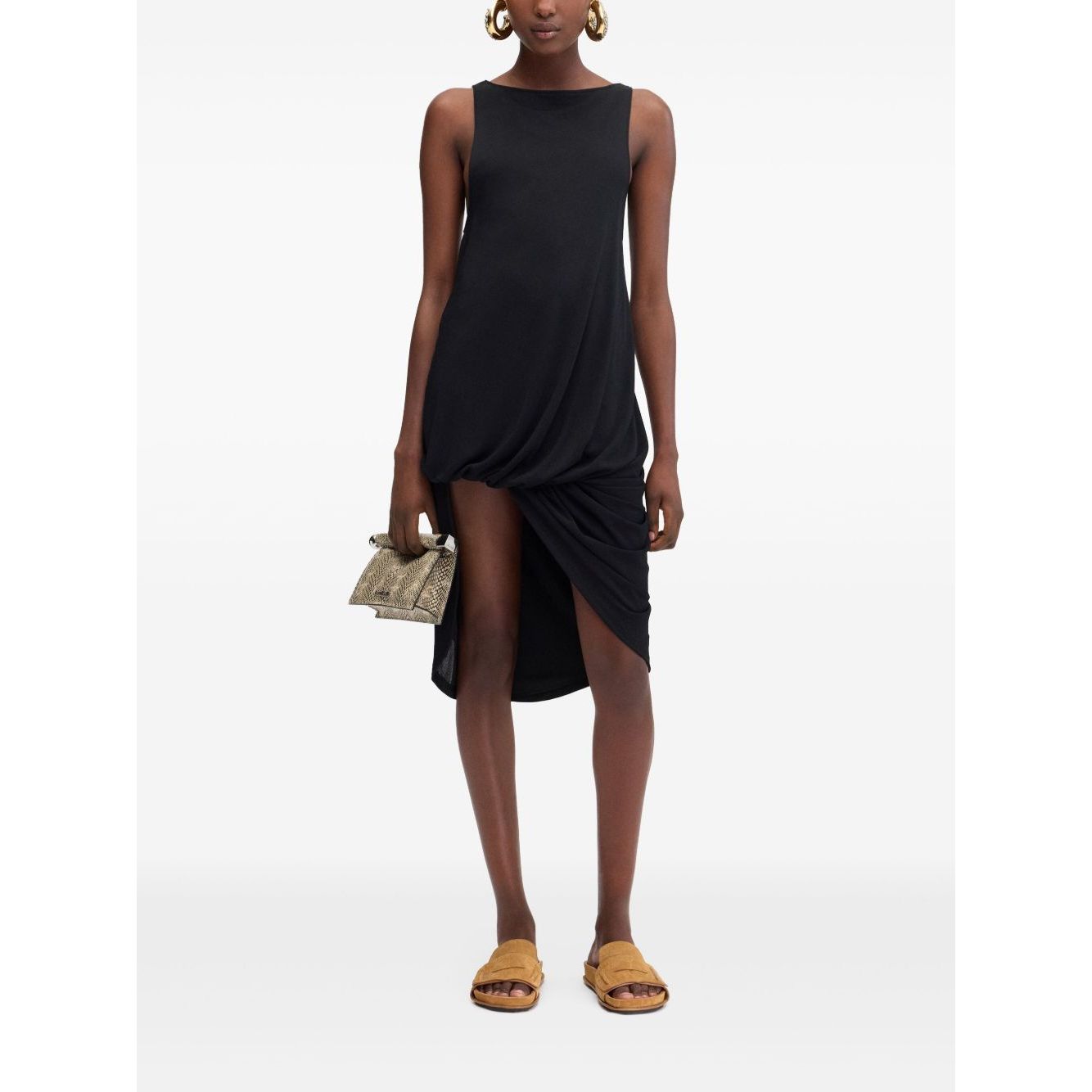 JACQUEMUS Dresses Black crew neck sleeveless asymmetric hem La Robe Peplo Courte dress on model, true to size fit.