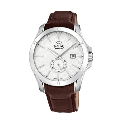 Luxury JAGUAR WATCHES Mod. J878/1 with brown leather strap and stainless steel casing, elegant white dial for men.