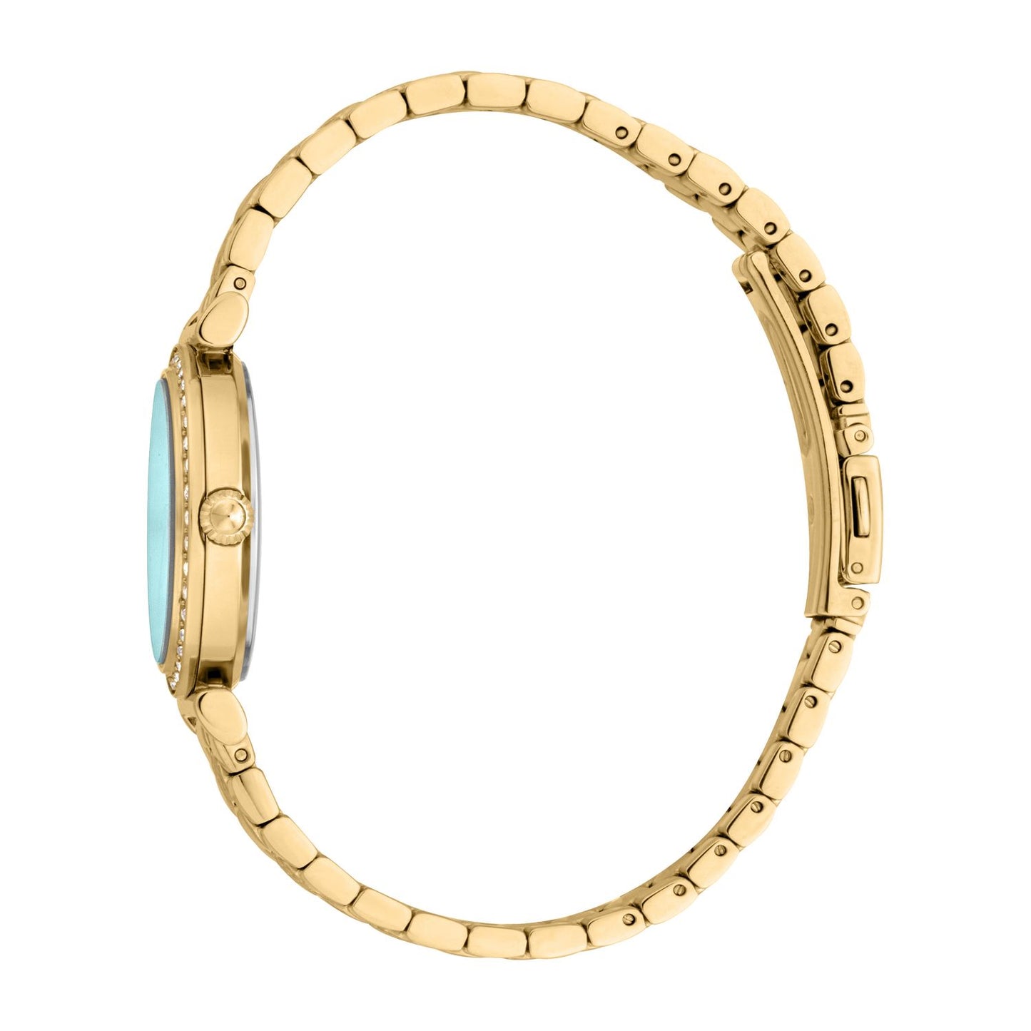 Side view of JUST CAVALLI TIME WATCHES Mod. JC1L273M0065, gold-tone wristwatch for ladies with Seiko Movement VJ20, 30mm case.