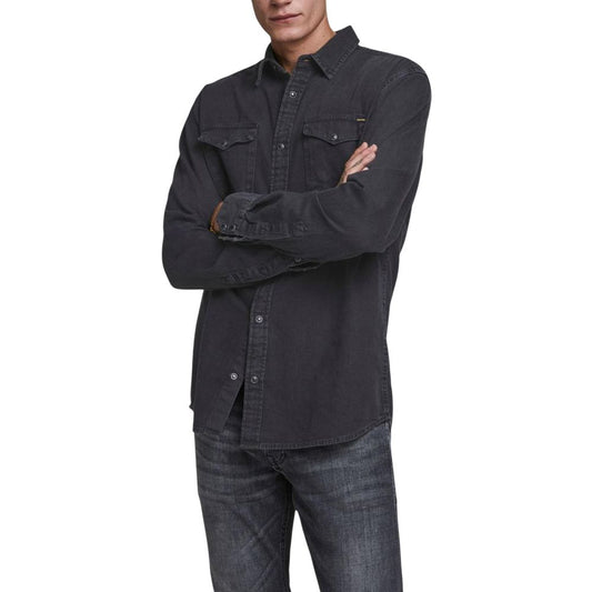 Jack Jones Black Jeans Shirt, long-sleeve, cotton blend with elastane, classic front buttons and collar, stylish chest pockets, versatile design