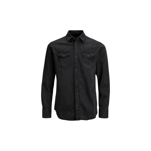 Jack Jones Black Jeans Shirt, long-sleeve, cotton-elastane blend, classic collar, chest pockets, men's essential wardrobe piece