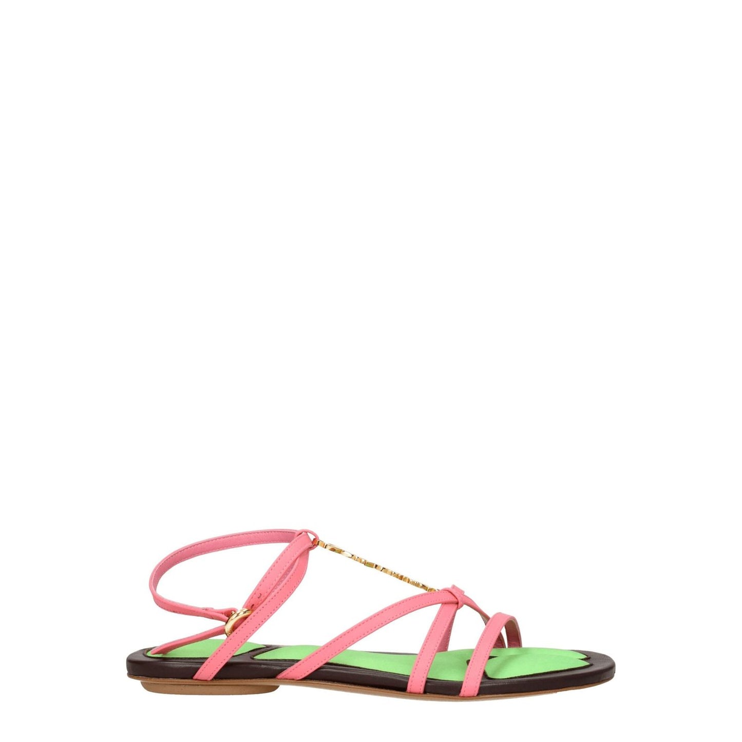 Jacquemus Pink Leather Flat Sandals with buckle closure, open toe, and low flat heel. Features gold details and leather sole.