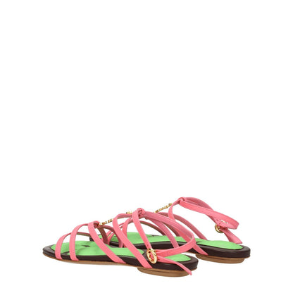 Jacquemus Pink Leather Flat Sandals featuring open toe and buckle closure, designed in casual style with leather sole, perfect for a chic look.