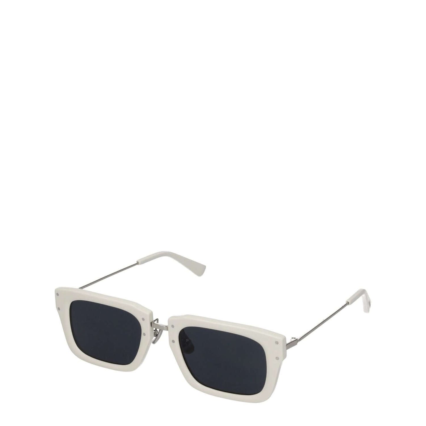 Jacquemus White Acetate Sunglasses with square frame and dark lenses. Includes silver accents and protective case.