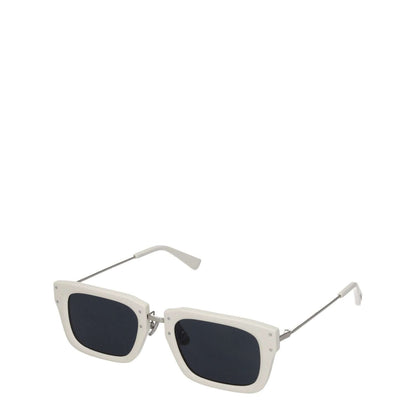 Jacquemus White Acetate Sunglasses with square frame and dark lenses. Includes silver accents and protective case.