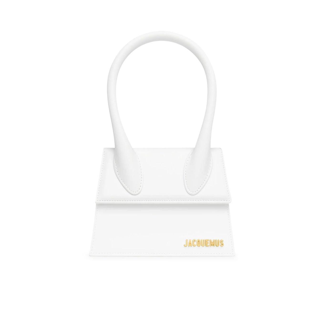 Jacquemus White Le Chiquito Moyen Bag with gold hardware, reinforced handle, removable strap, and magnetic flap closure.