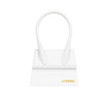 Jacquemus White Le Chiquito Moyen Bag with gold hardware, reinforced handle, removable strap, and magnetic flap closure.