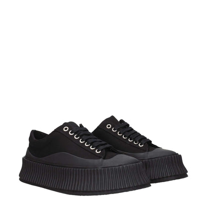 Jil Sander Black Fabric Chunky Sneakers with rubber wedge sole and lace-up closure, street style design, square toe.
