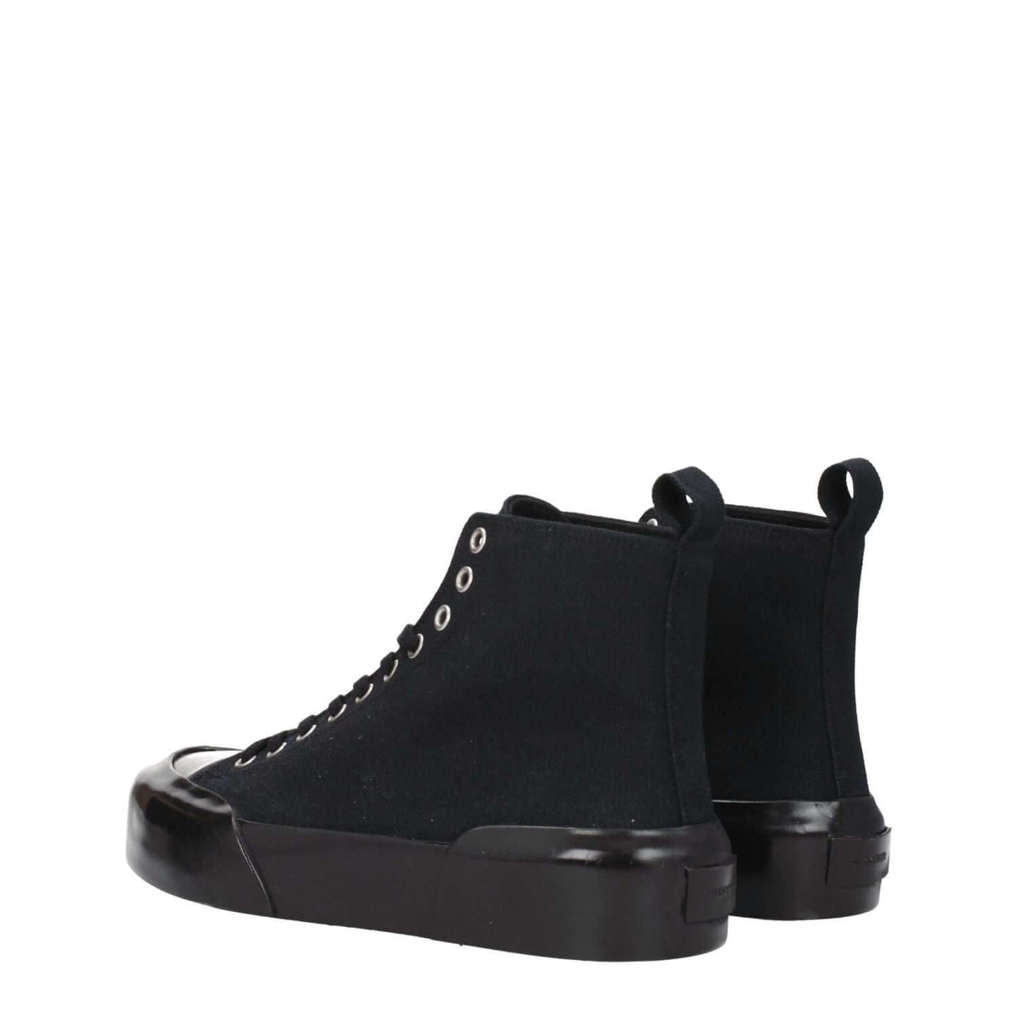 Jil Sander Black Fabric High Top Sneakers with lace-up closure, round toe, and rubber sole, featuring back logo and mid heel design.