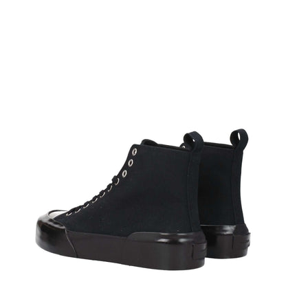 Jil Sander Black Fabric High Top Sneakers with lace-up closure, round toe, and rubber sole, featuring back logo and mid heel design.