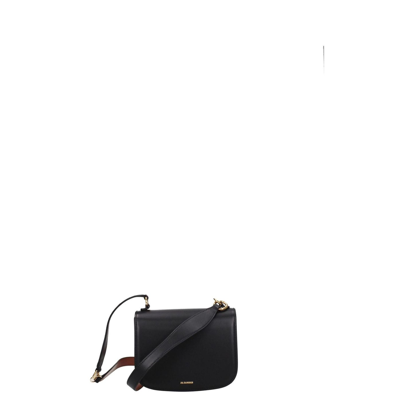 Jil Sander Black Leather Handbag with removable handle and button closure. Small casual bag with gold accents.