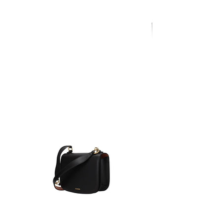 Jil Sander Black Leather Handbag with gold accents, small size, featuring a front logo and removable handle, product code F77083.