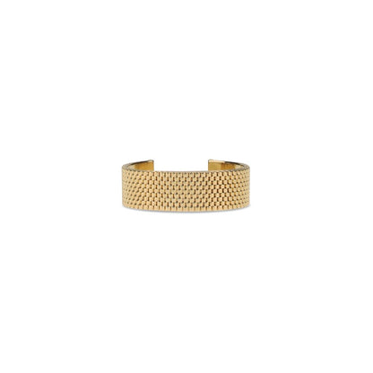 Jil Sander Gold Brass Bracelet with rigid mesh texture and engraved logo, crafted from 100% brass for minimalist elegance.