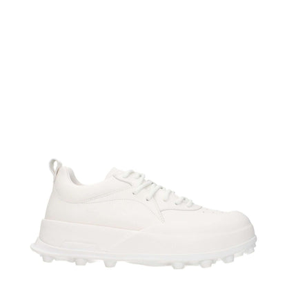 Jil Sander White Leather Sneakers with round toe and lace-up closure, featuring side logo and rubber sole, mid heel sporty glam style.
