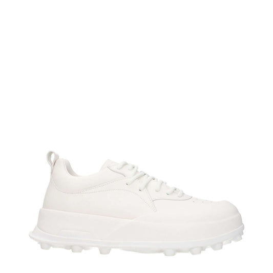 Jil Sander White Leather Sneakers with side logo, round toe, mid heels, lace-up closure, rubber sole, style sporty glam.