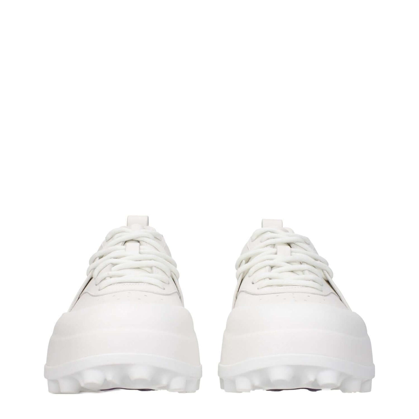 Front view of Jil Sander White Leather Sneakers with lace-up closure and rubber sole, 6 cm heel, featuring a sporty glam design.