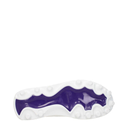 Sole design of Jil Sander White Leather Sneakers with unique purple rubber tread pattern, showcasing sporty glam style.