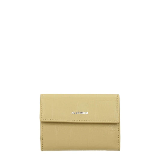 Jil Sander Yellow Leather Wallet with front logo, casual style, featuring crocodile print, 3 card holders, button closure, and coin holder.