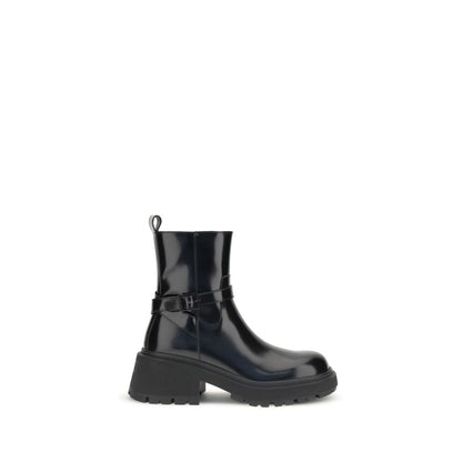 Jimmy Choo Black Calf Leather Bos Taurus Ankle Boots with patent-leather finish, round toe, and lugged sole for urban style.
