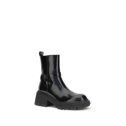 Jimmy Choo Black Calf Leather Bos Taurus Ankle Boots with patent finish, round toe, and lugged sole.