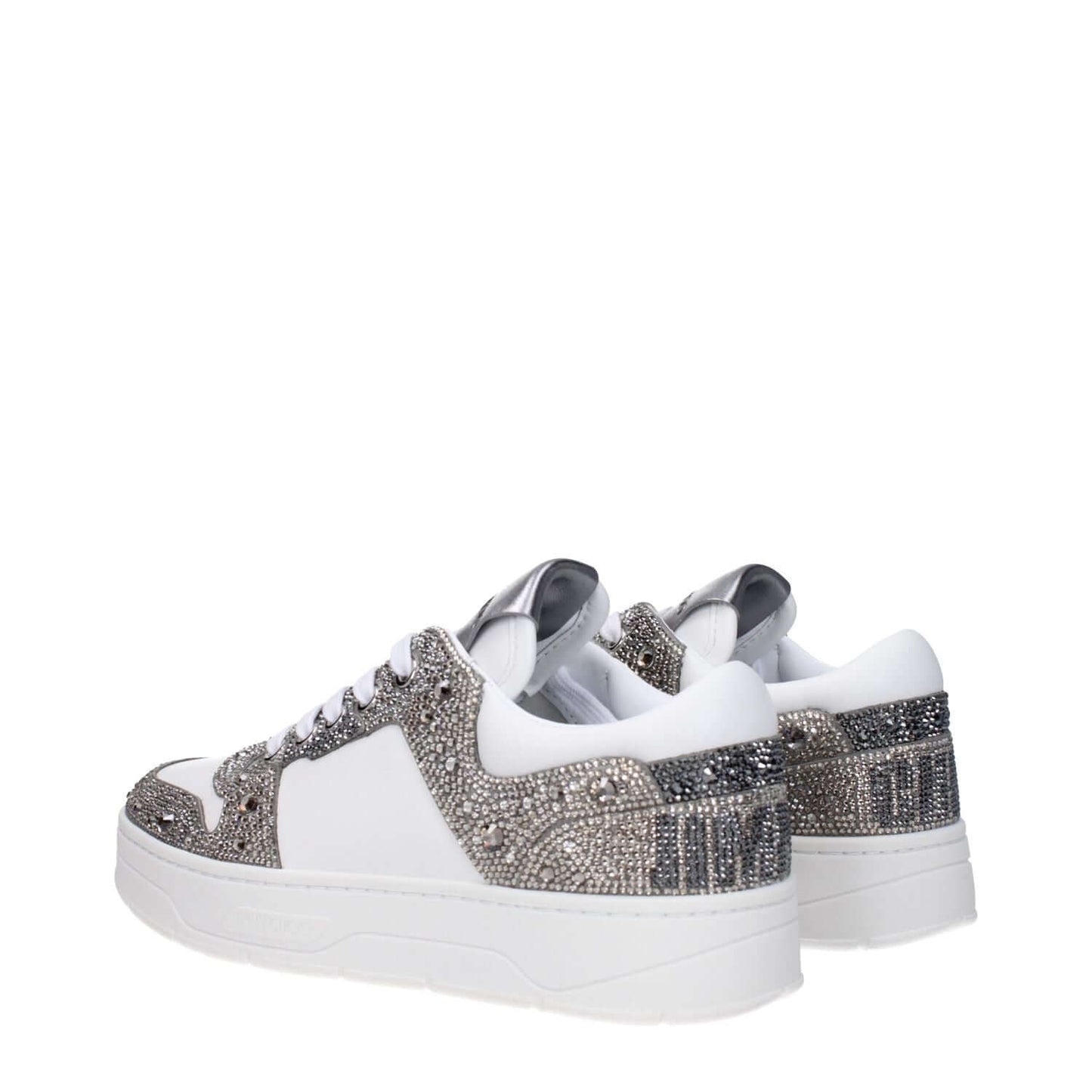 Jimmy Choo White Leather Chunky Sneakers with rhinestone accents, front and back logos, and silver details.