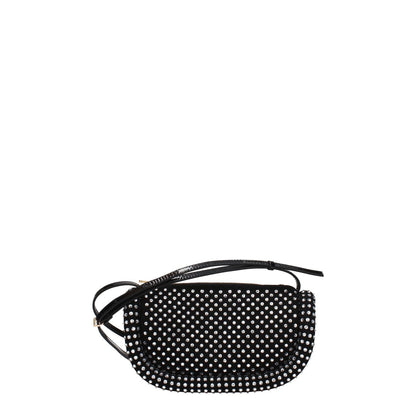 Jw Anderson Black Leather Crossbody Bag with rhinestones and gold details, small casual style with zip closure and 100 cm shoulder strap.