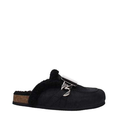 Jw Anderson Black Leather Slippers with fur interior, side logo, suede material, and rubber sole, perfect for casual style.
