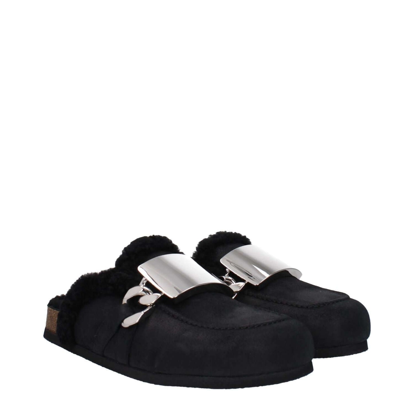 Jw Anderson Black Leather Slippers with silver details, fur lining, side logo, casual style, round toe, rubber sole, and low flat heel.