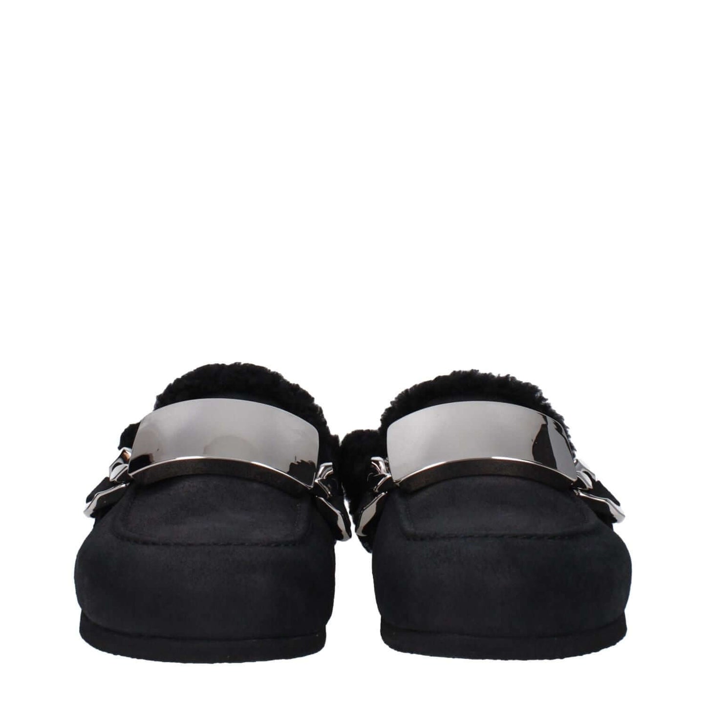 Jw Anderson Black Leather Slippers with silver details, fur interior, and rubber sole, featuring a side logo and casual style.