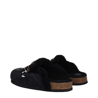 Jw Anderson Black Leather Slippers with fur interior, rubber sole, and side logo, perfect for casual style. MPN: ANM40500B999.