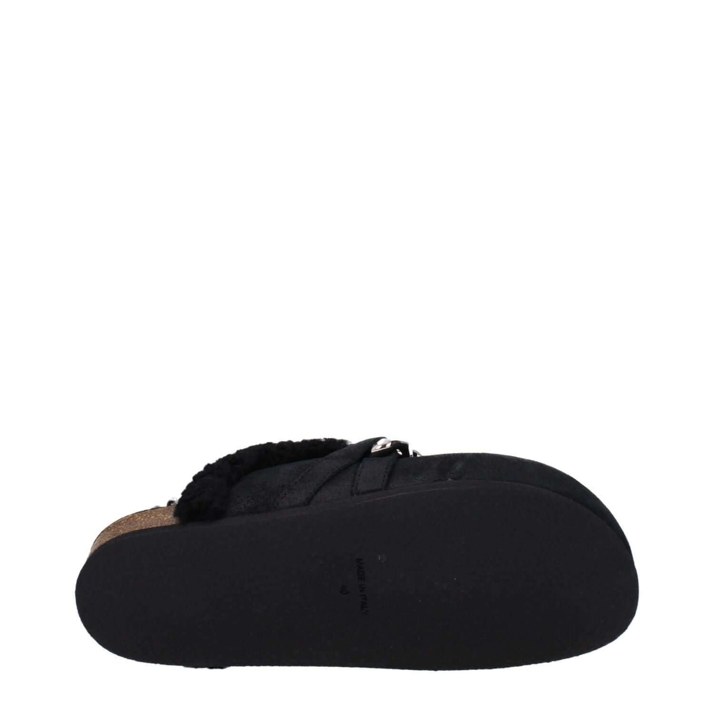Back view of Jw Anderson Black Leather Slippers with rubber sole and side logo, featuring fur inside for casual wear.