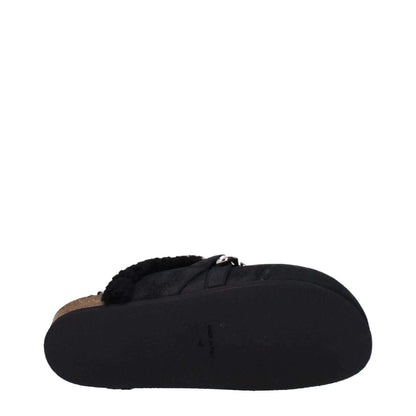 Back view of Jw Anderson Black Leather Slippers with rubber sole and side logo, featuring fur inside for casual wear.