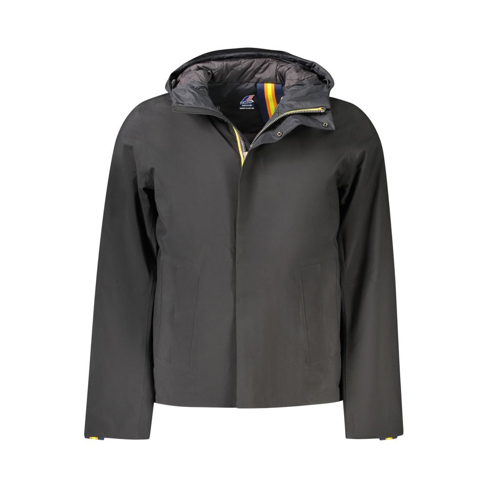 Alt Tag: K-WAY Black Polyester Men Jacket with double padding and practical pockets, luxury design, sleek and snug fitting outerwear for men.