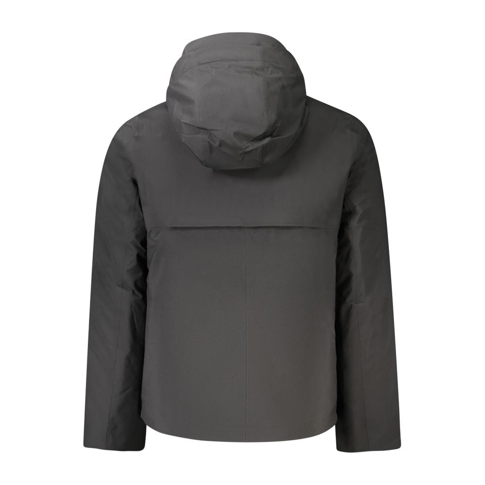 Back view of K-WAY Black Polyester Men Jacket with hood, showcasing luxury design and practicality with ample pocket space.