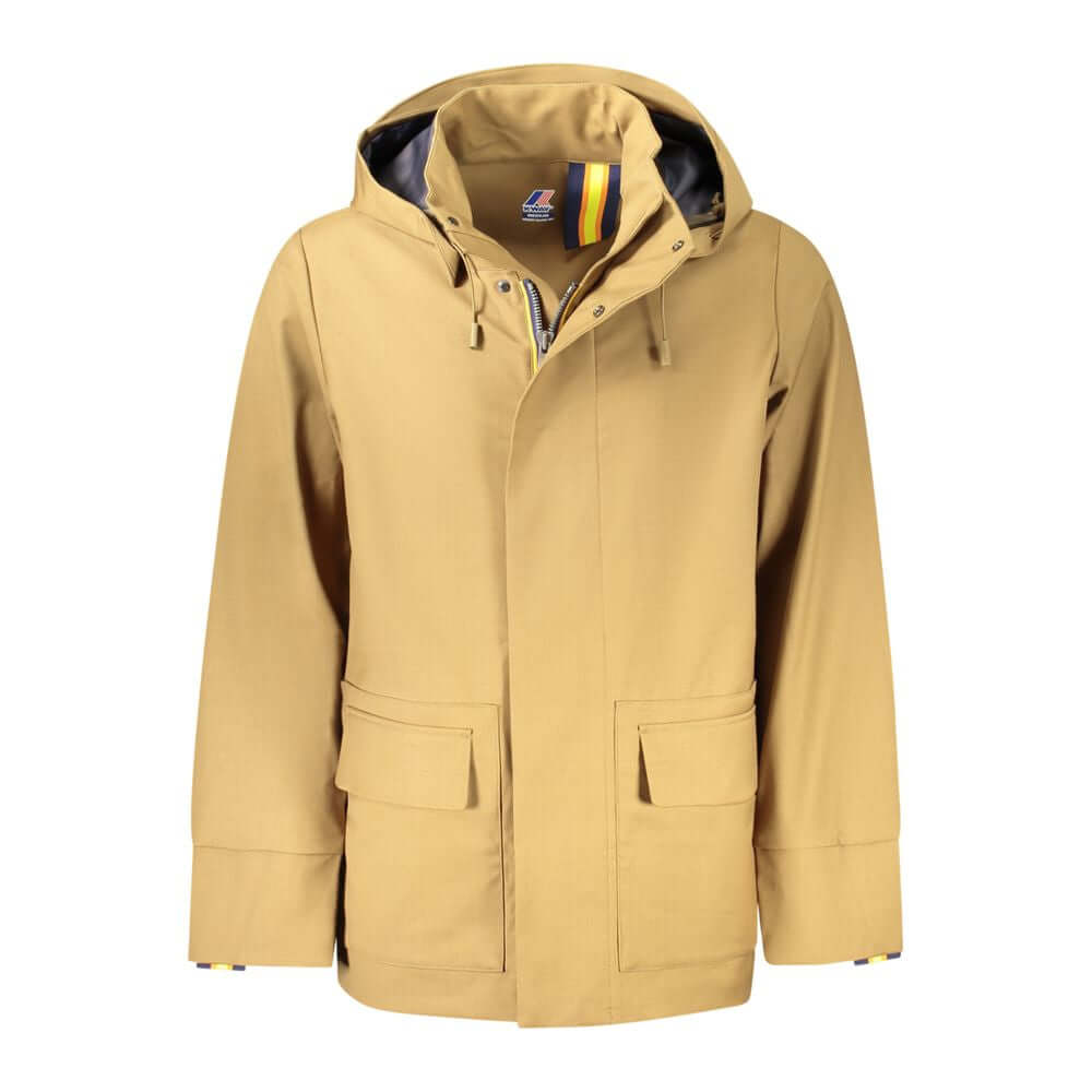 Yellow jacket with hood and pockets on display.