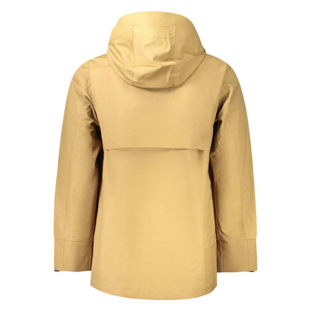 Rear view of a yellow trench coat with a hood, focusing on design details.