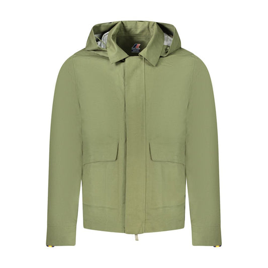 K-WAY Green Cotton Men Jacket with removable hood and four pockets, perfect for city strolls or mountain trails.