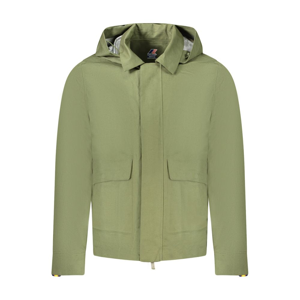 K-WAY Green Cotton Men Jacket with removable hood, long sleeves, and multiple pockets for versatile outdoor wear.
