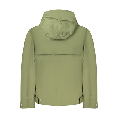 K-WAY Green Cotton Men Jacket with removable hood and pockets, showcasing the back view.