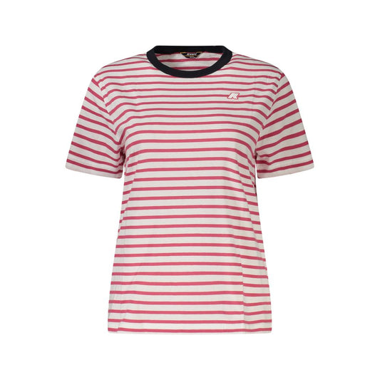 K-WAY Pink Cotton Women T-Shirt with striped design and bold crew neck, featuring iconic K-WAY logo, perfect for trendsetters.