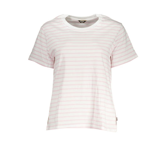 K-WAY White Cotton Women T-Shirt with striped pattern, round neck, short sleeves, and iconic K-WAY logo, perfect for casual or chic outings.