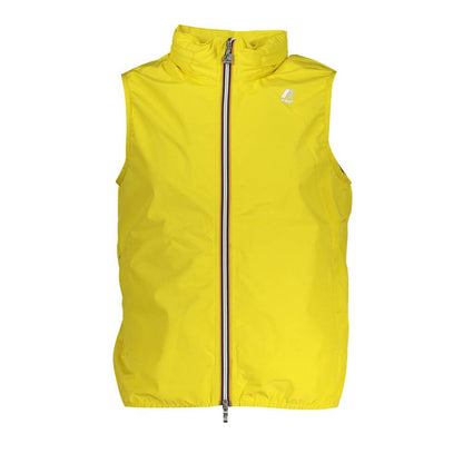 K-WAY Yellow Polyester Men Jacket with removable hood and iconic logo, ideal for style and functionality.