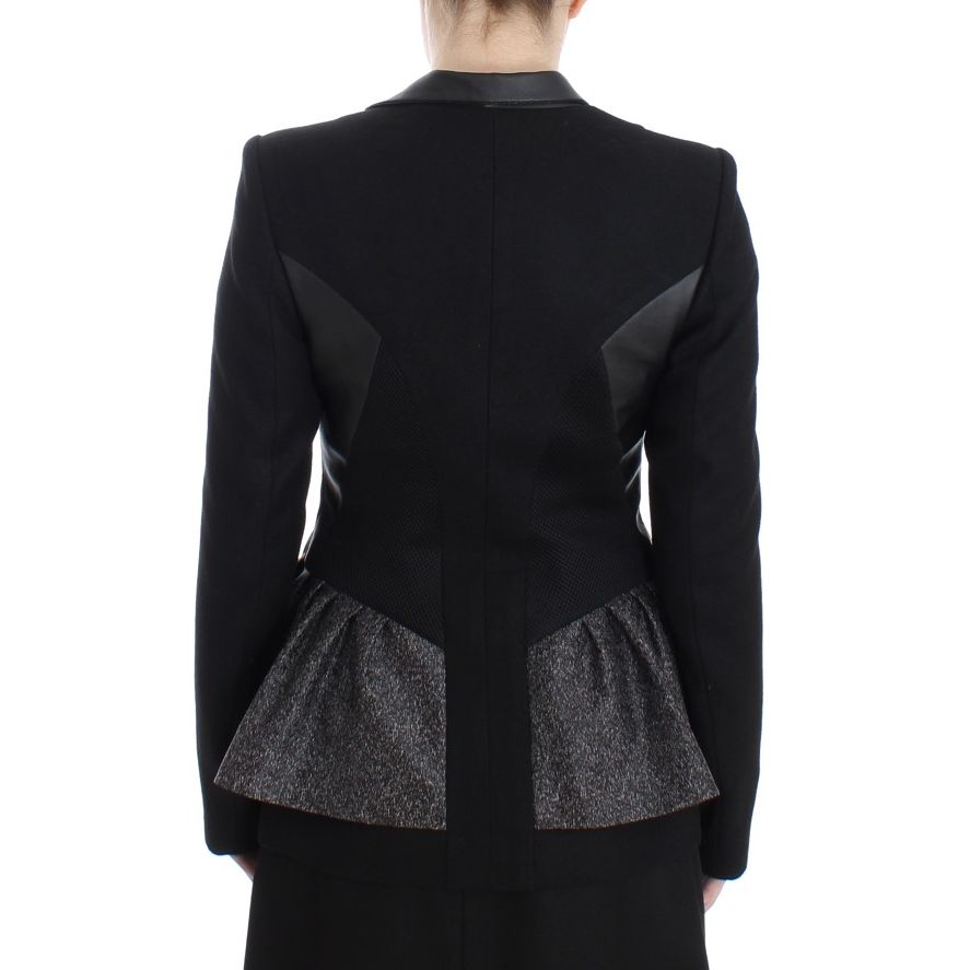 Rear view of KAALE SUKTAE Black Short Blazer Coat Biker Jacket with elegant design and logo details.